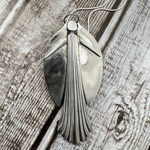 Stainless Steel Spoon Angel Pendant Necklace Wings Halo 24" Silver Plate Chain